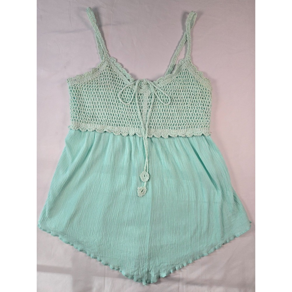 Retro Babydoll Mint Green Crochet Lace Tank Top Tank Jrs Sz M Y2K Lettuce Hem
